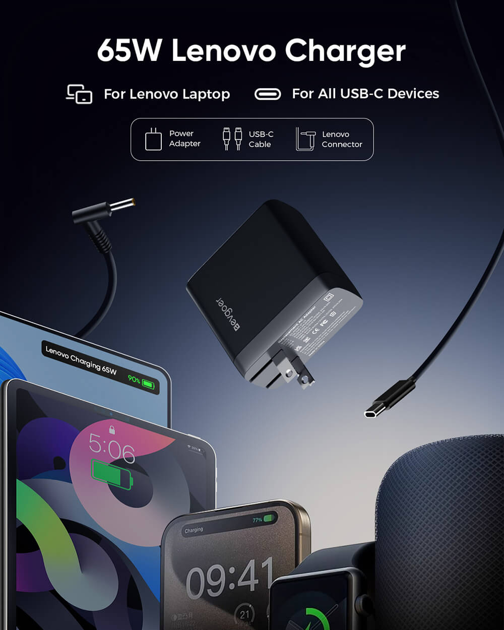 Lenovo Laptop and Phone 2 in 1  65W Charger